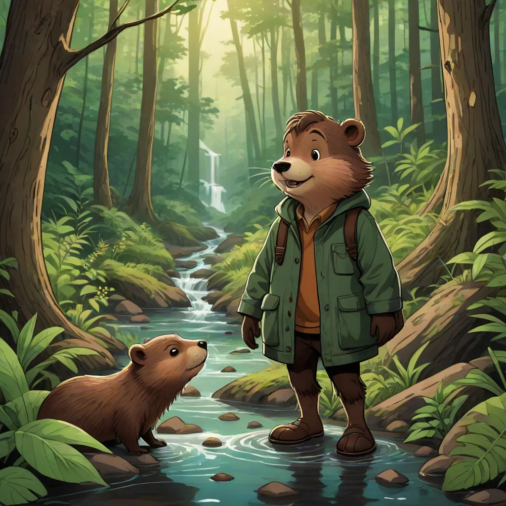 a bear and a man are standing in the woods by a stream and a waterfall, with a waterfall in the background, sots art, a storybook illustration, Chris LaBrooy, official art
