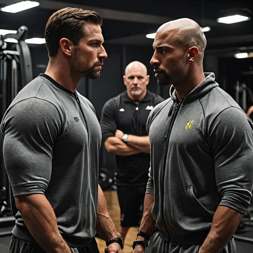 two men in a gym looking at each other with a man in the background looking at them in the mirror, antipodeans, a stock photo, Anthony Palumbo, promotional image
