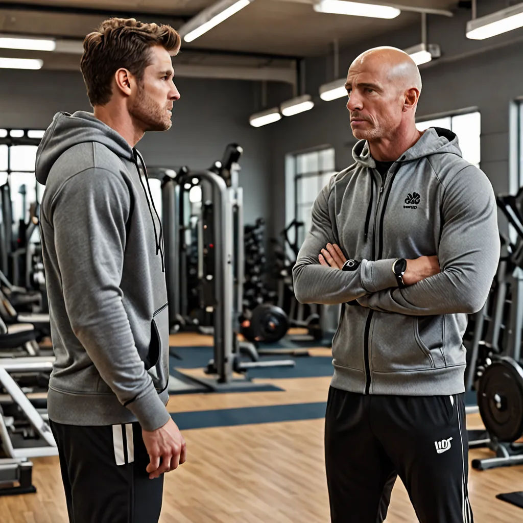 two men standing in a gym looking at each other with their arms crossed and looking at each other with their hands crossed, institutional critique, a stock photo, Christian Hilfgott Brand, promotional image