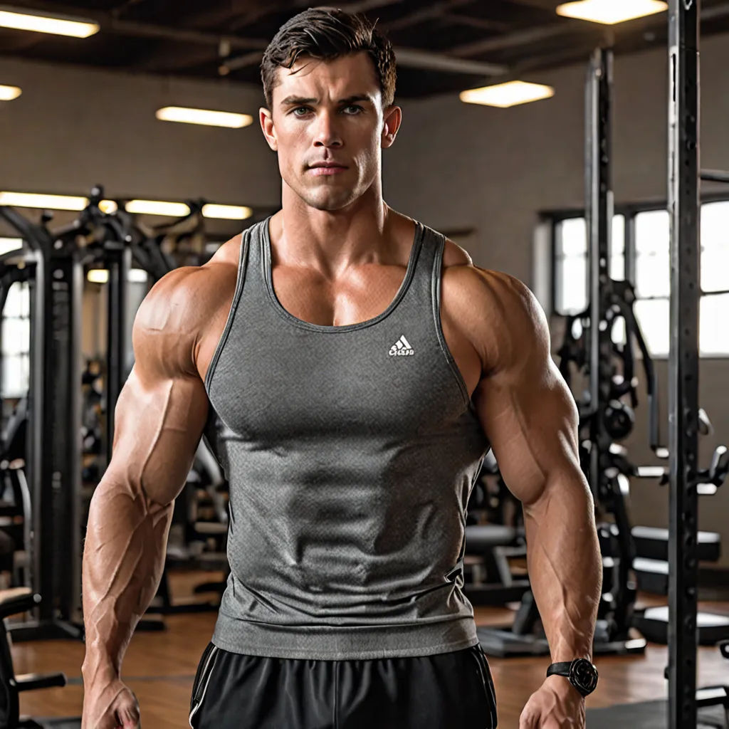 a man in a gym with a lot of muscles and a crossfit machine in the background,, superflat, a bronze sculpture, Alexander Kucharsky, arnold render