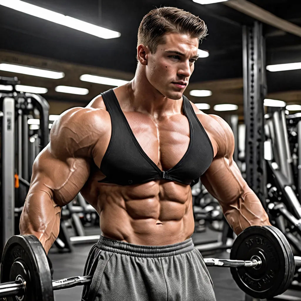 a man with a muscular body is holding a barbell in a gym room with rows of weight plates, superflat, a marble sculpture, Daren Bader, masculine
