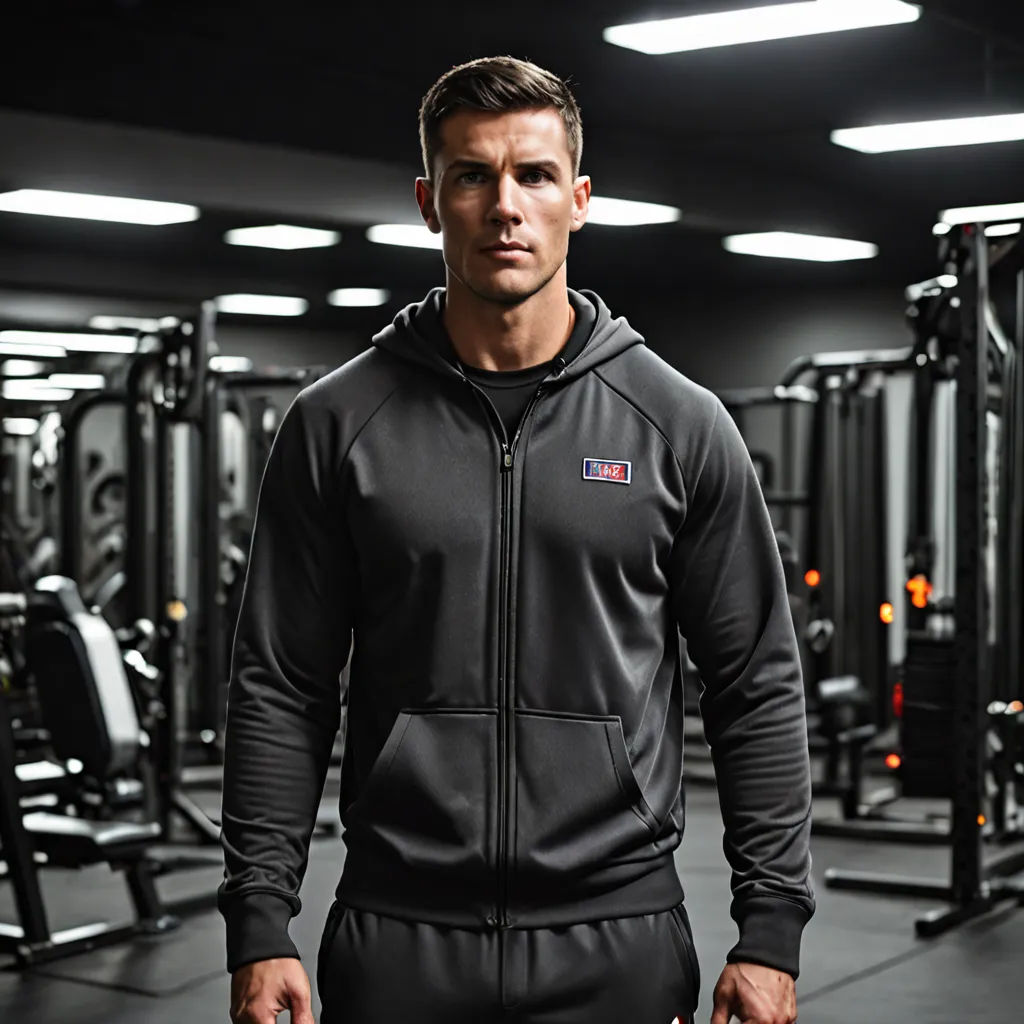 a man in a gym with a black hoodie and black pants and a black bag in front of him, dau-al-set, a character portrait, Dan Scott, detailed product photo
