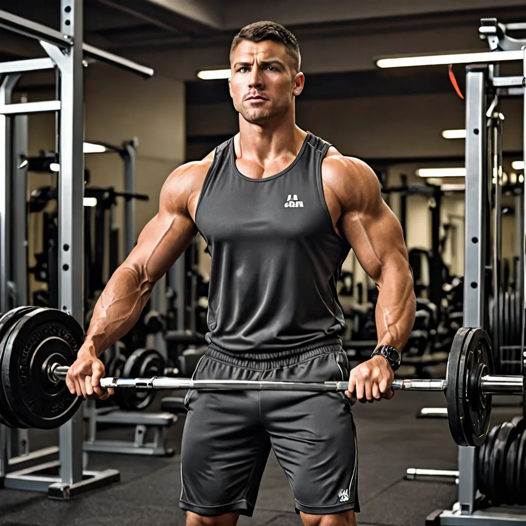 a man is holding a barbell in a gym room with a lot of weight machines behind him and a barbell in the foreground, private press, a bronze sculpture, Daren Bader, promotional image