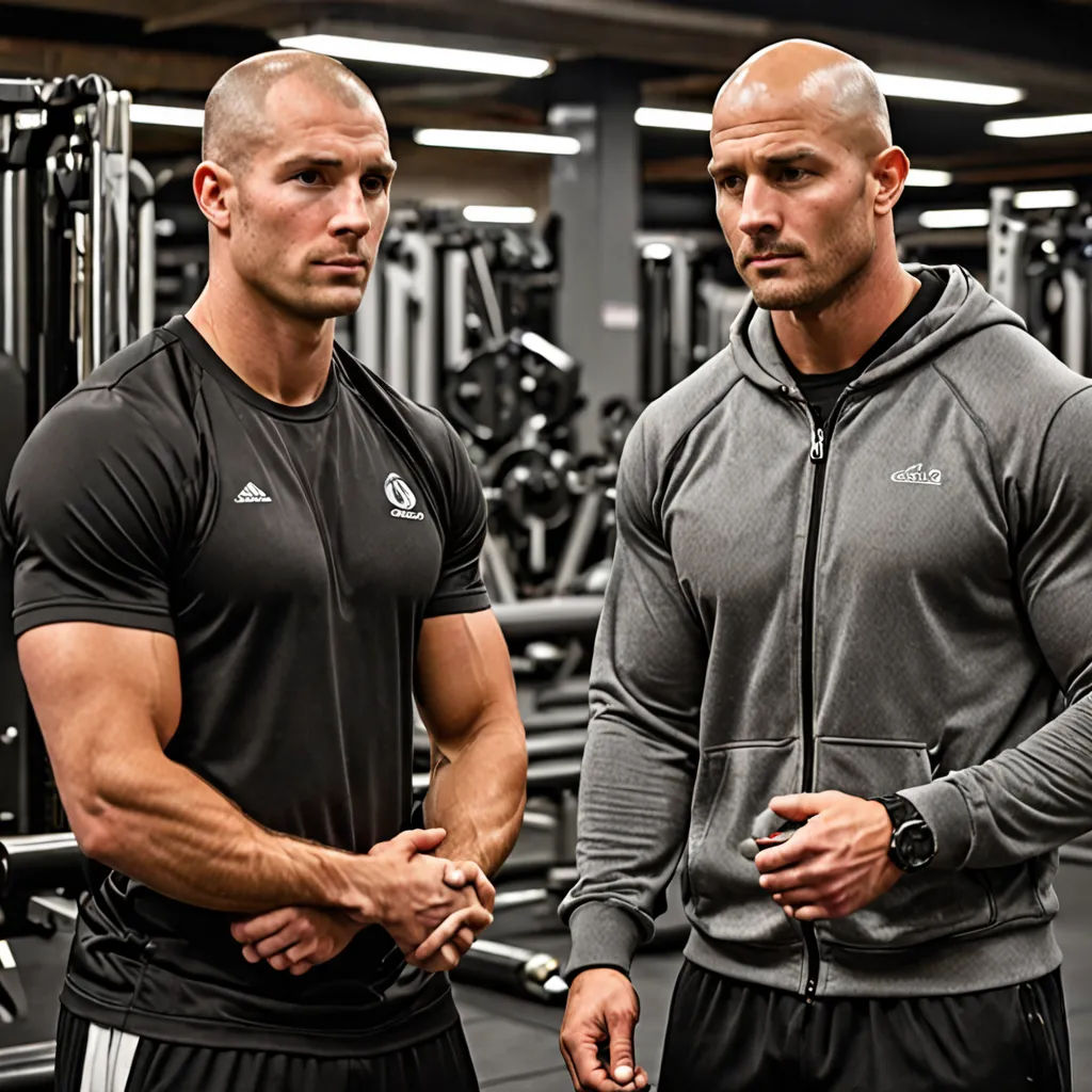 two men standing in a gym looking at something on the floor in front of them, with a machine in the background, antipodeans, a bronze sculpture, Anthony Palumbo, symmetry accurate features