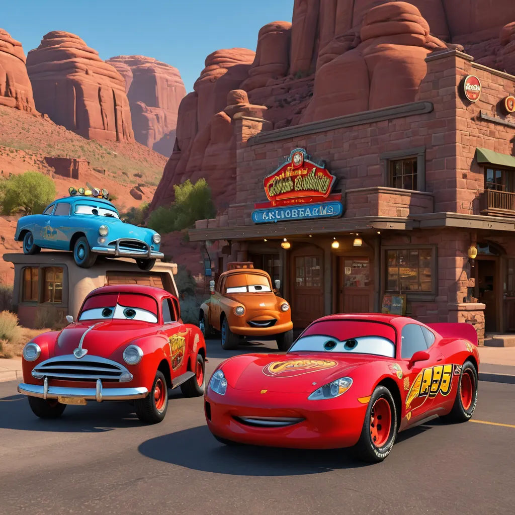 cars are driving down the road in front of a restaurant in the disney cars movie cars are lined up in front of the restaurant, photorealism, concept art, disney, pixar and disney animation