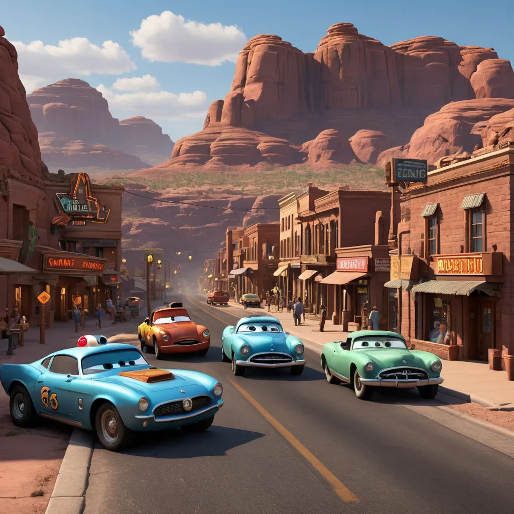 a scene of a street with cars driving down it and a mountain in the background with people walking on the sidewalk, american scene painting, a detailed matte painting, disney, pixar and disney animation