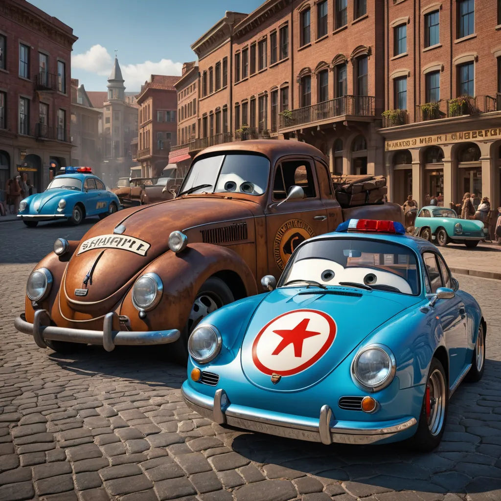 a couple of cars that are sitting in the street together in front of a building with a sign on it, photorealism, concept art, disney, pixar and disney animation