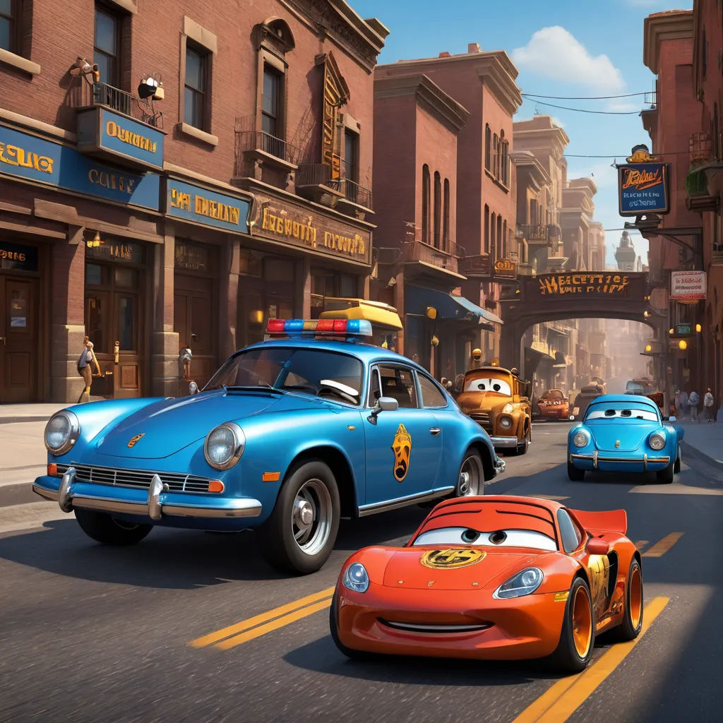 a cartoon scene of cars driving down a street with a cop car and a fire truck in the background, photorealism, concept art, disney, pixar and disney animation