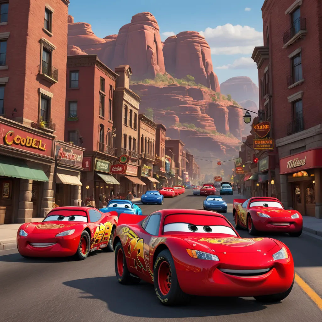 cars driving down a street in front of tall buildings in a cartoon style scene with mountains in the background, excessivism, concept art, disney, pixar and disney animation