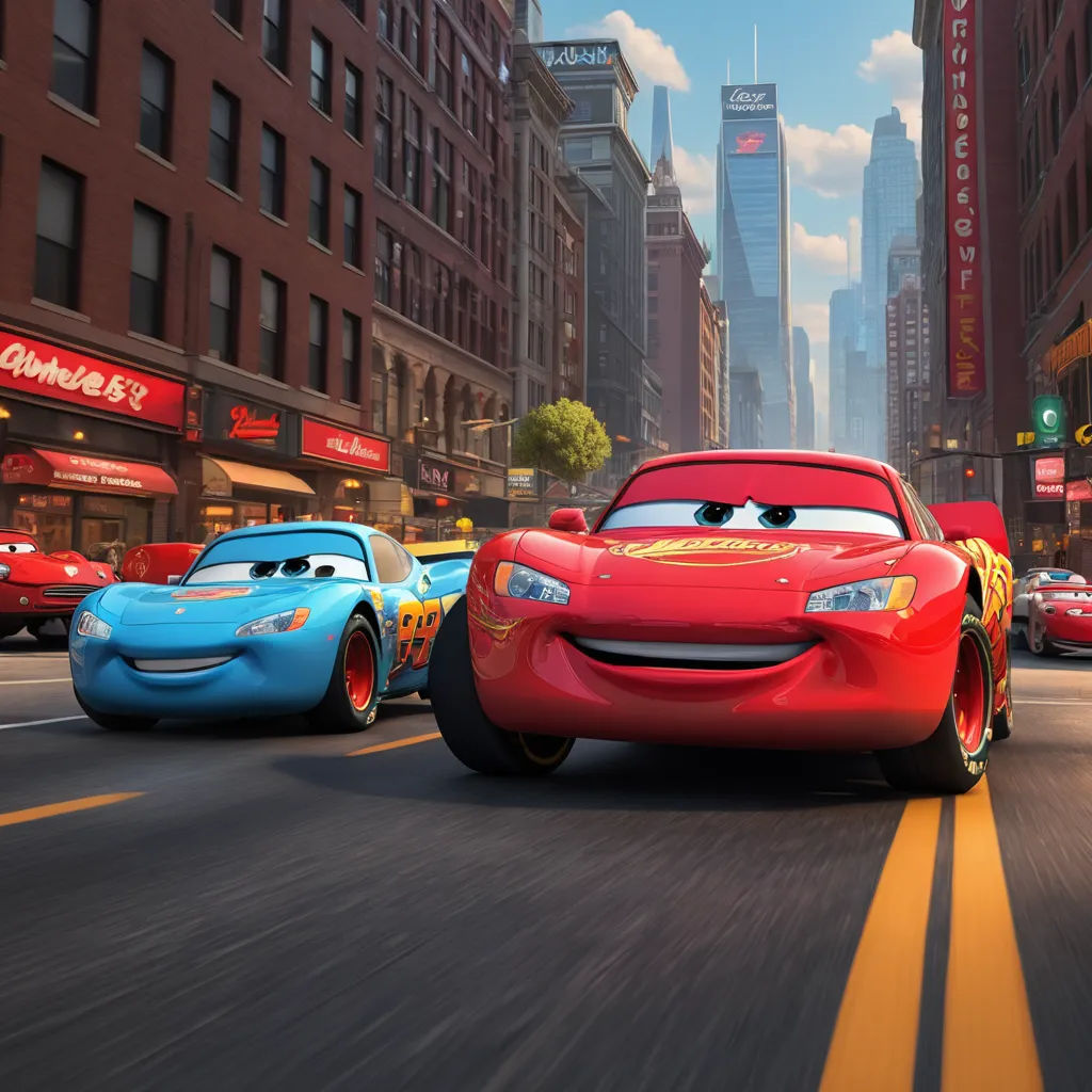cars are driving down a city street in the animated movie cars 2, which is based on the disney pixama movie cars, excessivism, concept art, disney, pixar and disney animation