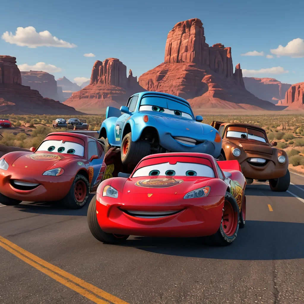 cars driving down a road with mountains in the background and clouds in the sky in the background, with a blue car in the foreground, sots art, concept art, disney, pixar and disney animation