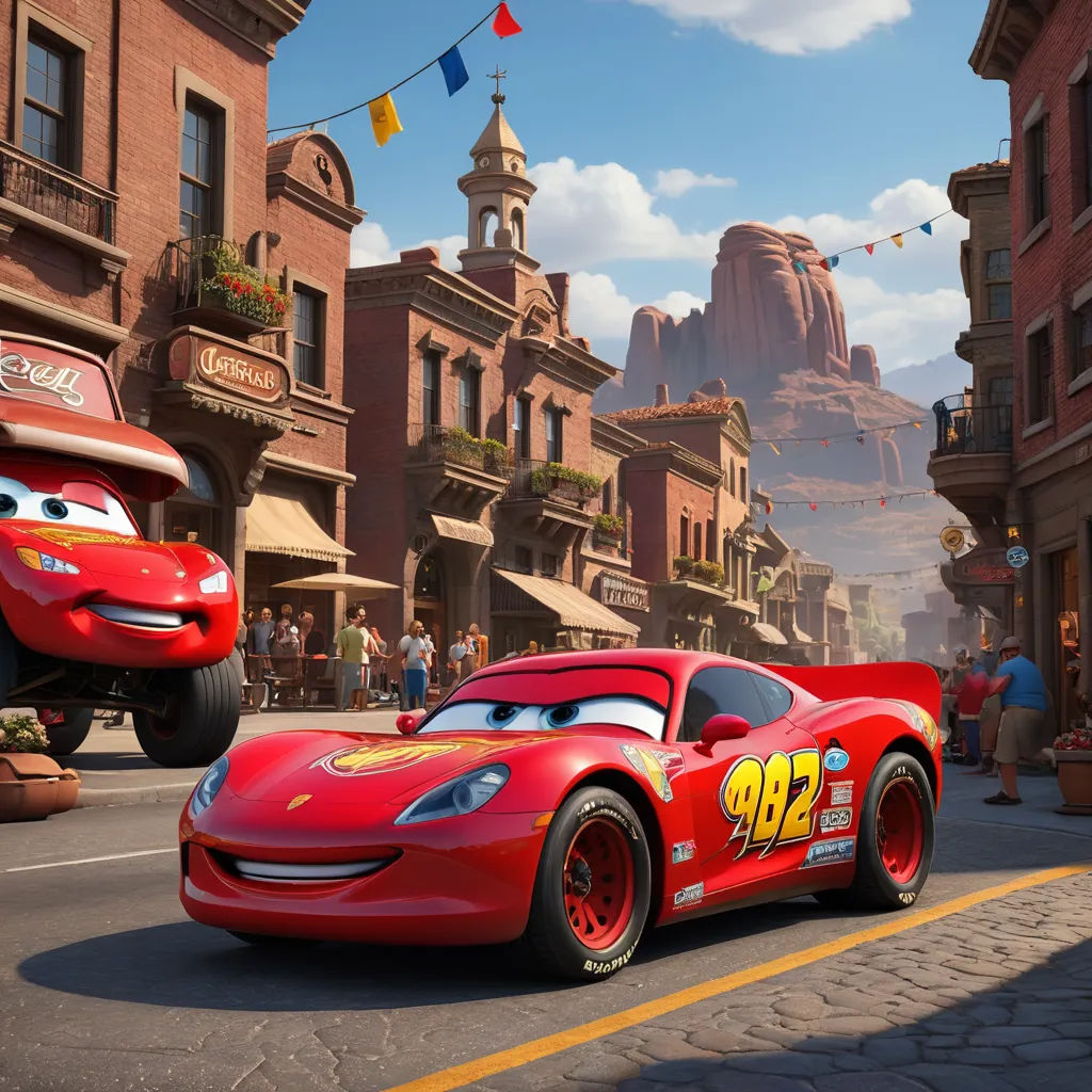 a cartoon character is driving a red car down a street in front of a building with a castle in the background, excessivism, concept art, disney, pixar and disney animation
