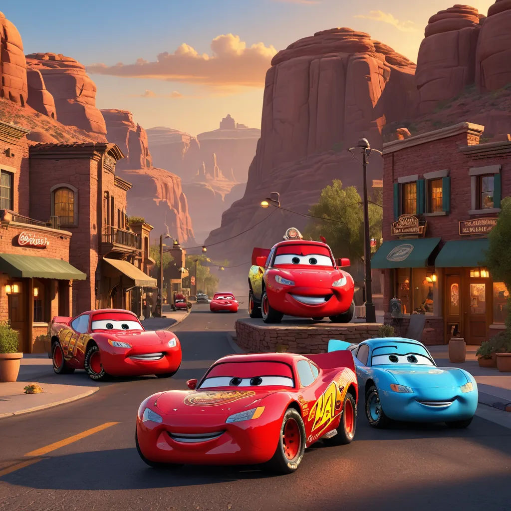 cars are driving down a street in front of a mountain range in the disney pixama movie cars, excessivism, concept art, disney, pixar and disney animation