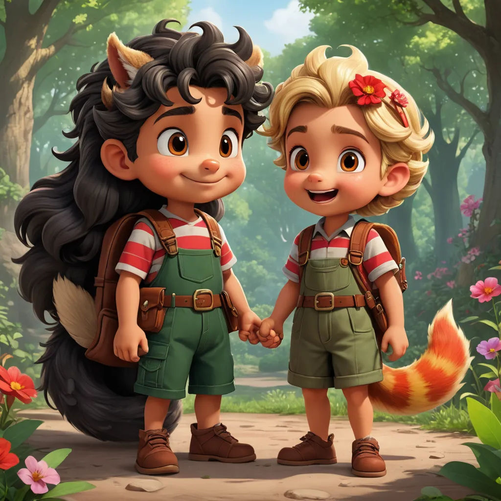 a couple of kids standing next to each other in a forest with a fox on his back and a fox on his shoulder, furry art, a storybook illustration, Diego Gisbert Llorens, official art