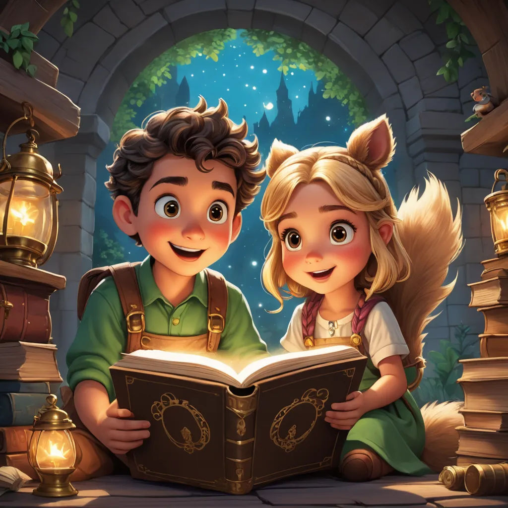 a boy and a girl are reading a book together in a room with a fireplace and lanterns on the walls, fantasy art, a storybook illustration, Diego Gisbert Llorens, storybook illustration