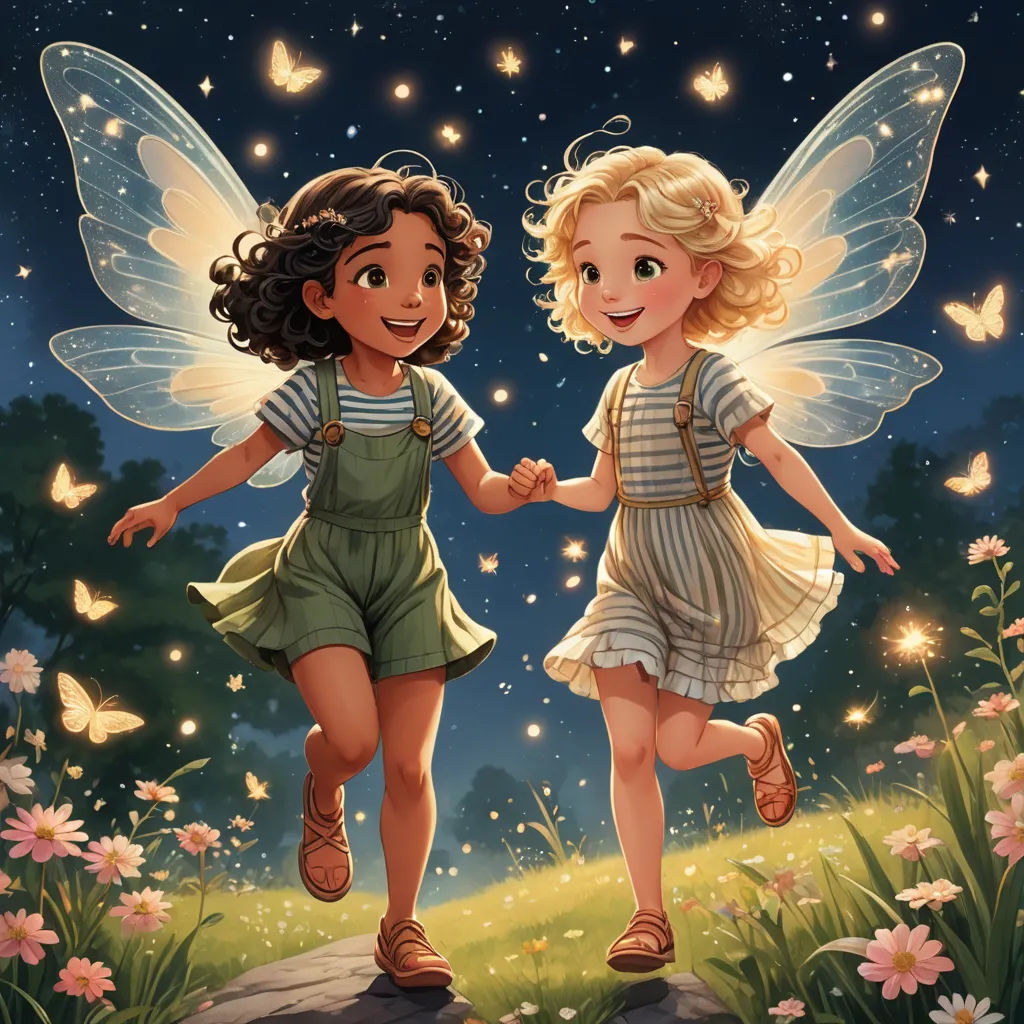 two little girls are running in the grass with butterflies flying above them and holding hands and smiling at the camera, fantasy art, a storybook illustration, Cliff Childs, fireflies