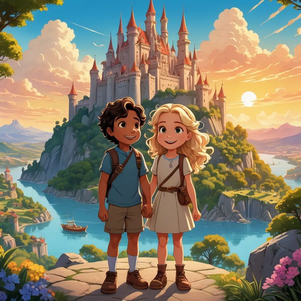 a boy and a girl standing in front of a castle with a lake and a boat in the background, fantasy art, a storybook illustration, disney, official art