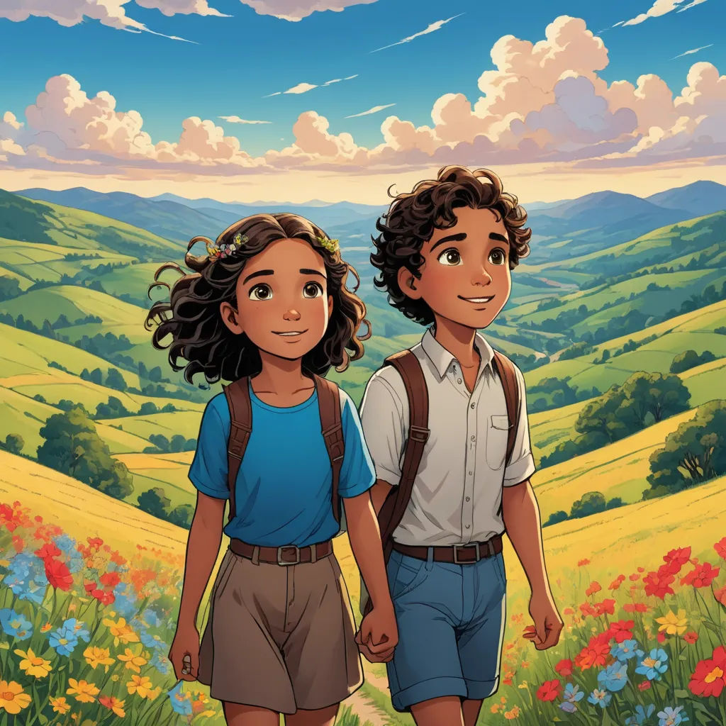 a couple of people standing next to each other on a field of flowers and grass with a sky background, serial art, a storybook illustration, Brothers Hildebrandt, official art