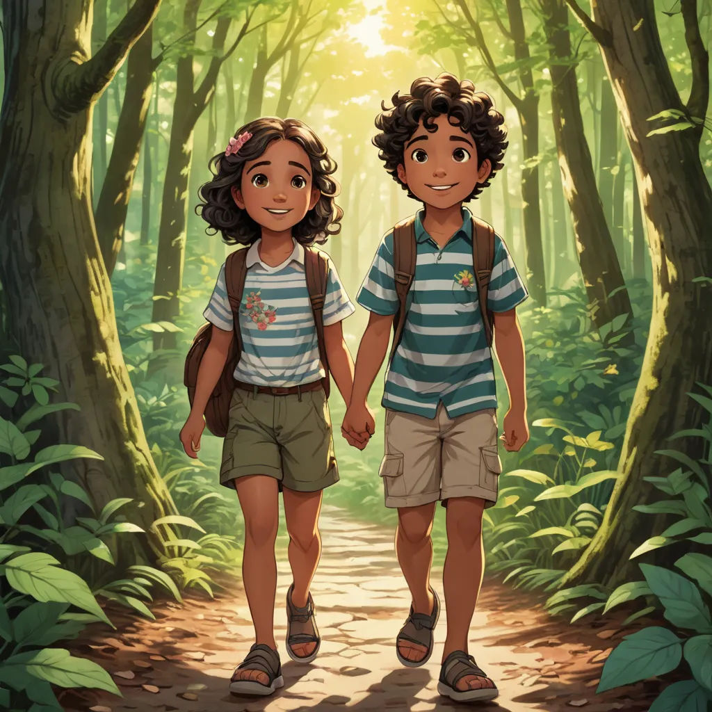 a couple of kids walking down a forest path holding hands and smiling at the camera with the sun shining through the trees, sots art, concept art, Diego Gisbert Llorens, official art