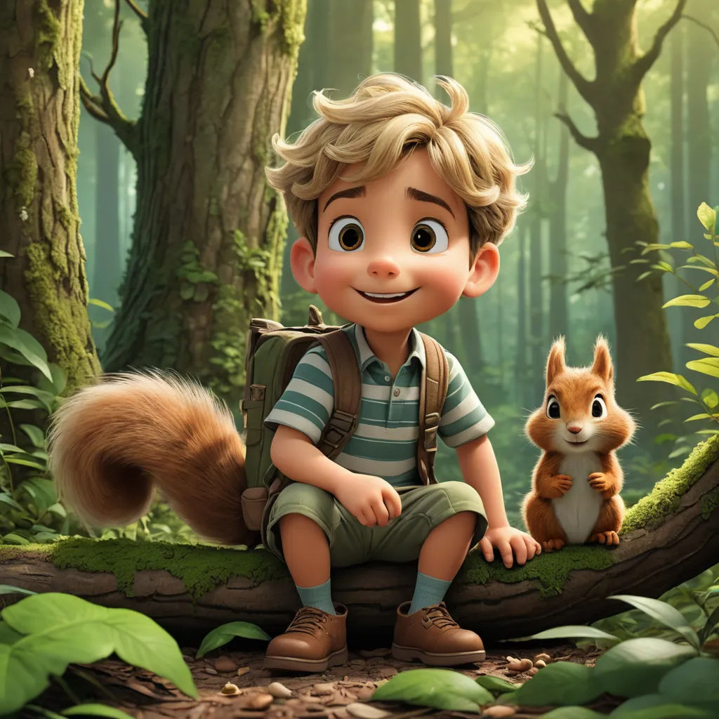 a boy sitting on a log with a squirrel in the woods behind him, in the animated movie the jungle book, furry art, a character portrait, Charles Fremont Conner, promotional image