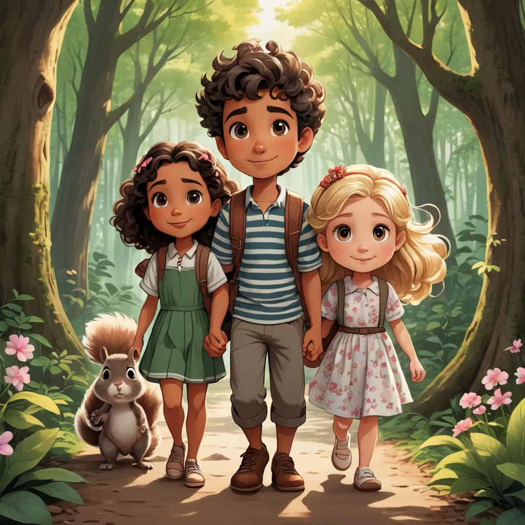 a couple of kids walking down a forest path with a squirrel on the side of the road next to them, sots art, a storybook illustration, Diego Gisbert Llorens, official art