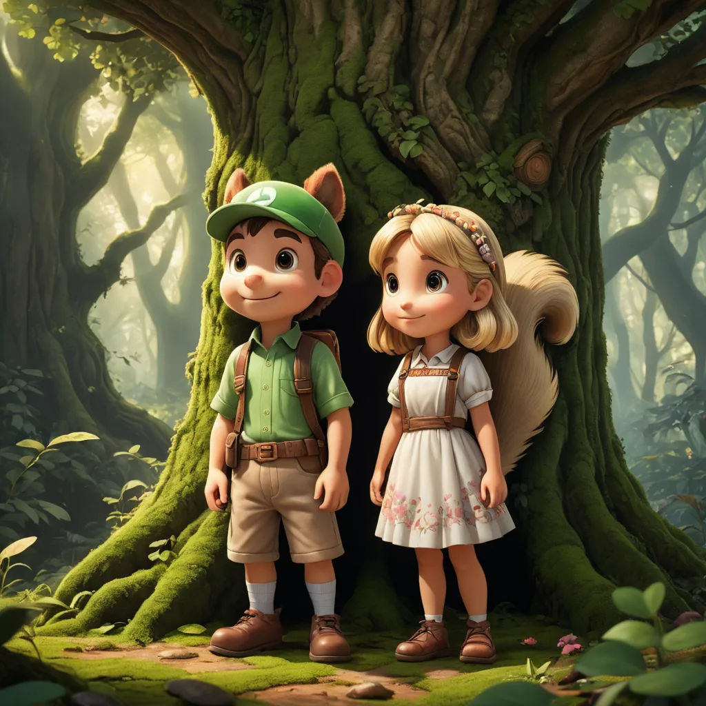 a couple of kids standing next to a tree in a forest with a squirrel on it's back, furry art, a storybook illustration, Chris LaBrooy, official art