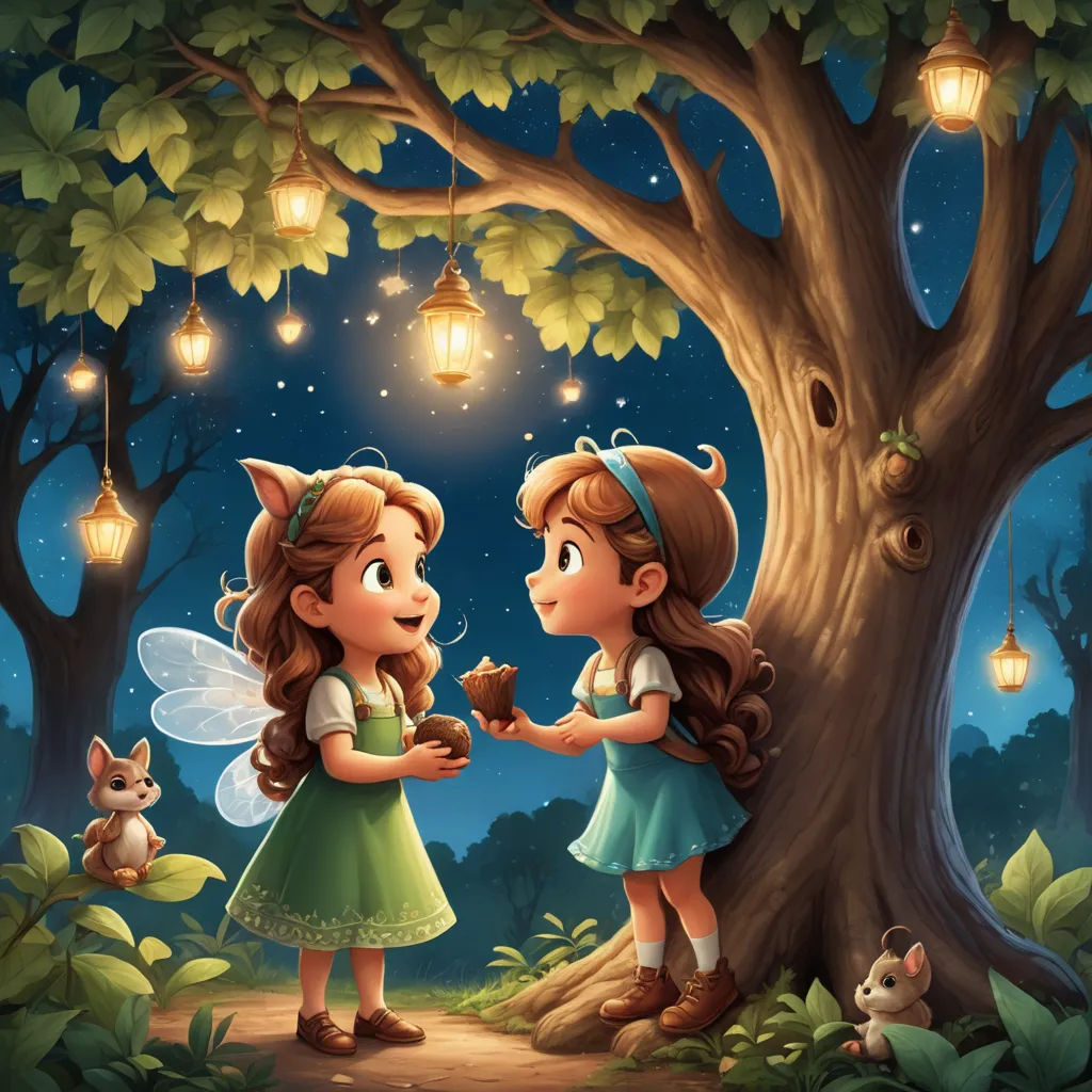 two little girls are standing in front of a tree with lights on it and a cat is looking at the girl, fantasy art, a storybook illustration, Diego Gisbert Llorens, storybook illustration
