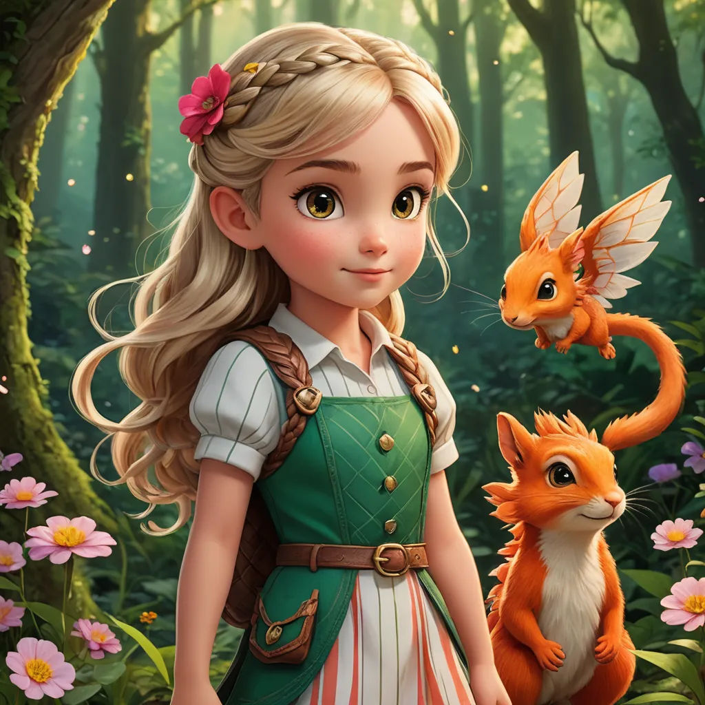 a girl in a green dress standing next to a red fox in a forest with flowers and a forest background, fantasy art, a character portrait, Anne Said, deviantart artstation