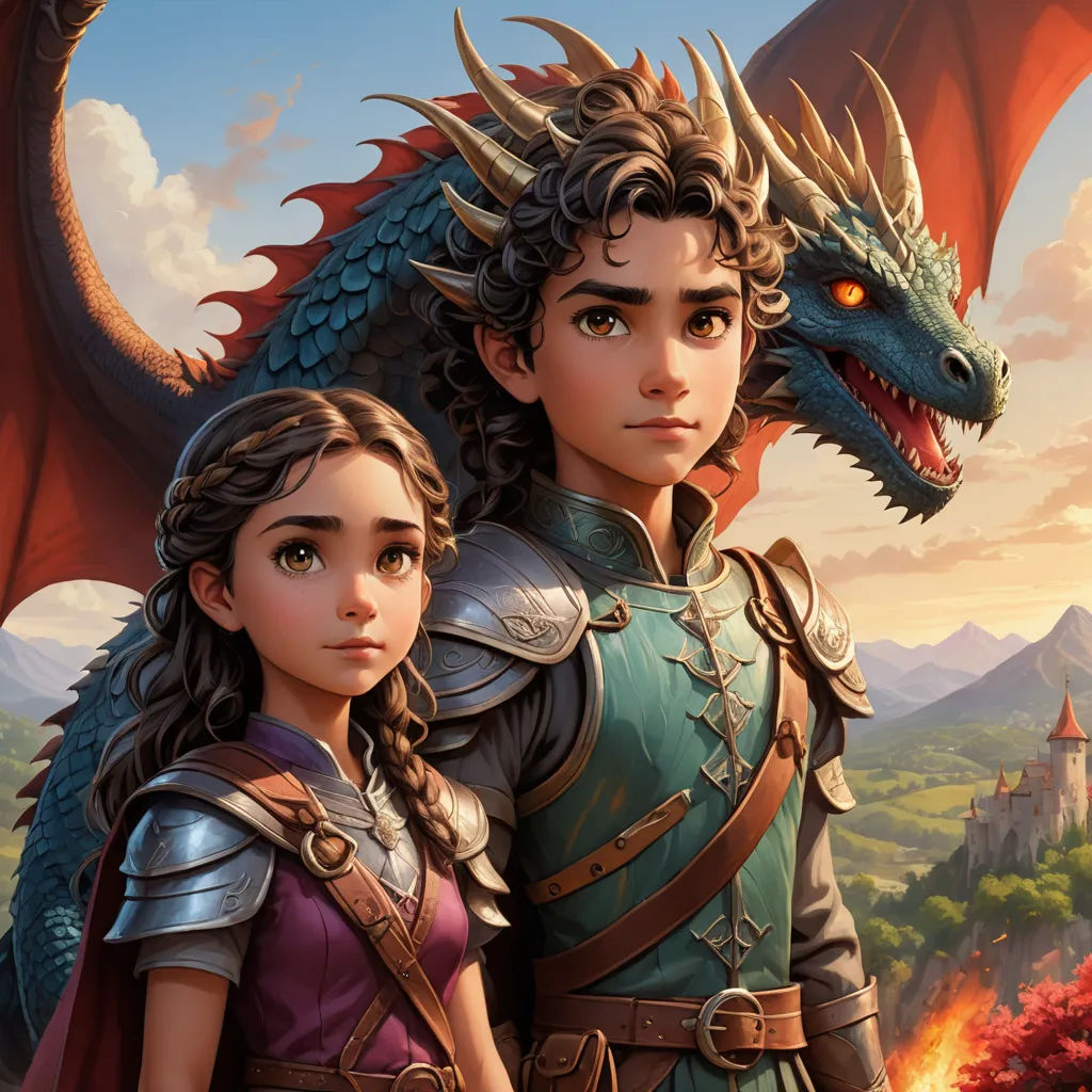 a couple of people standing next to a dragon on a field of grass and trees with a castle in the background, sots art, concept art, Altoon Sultan, key art