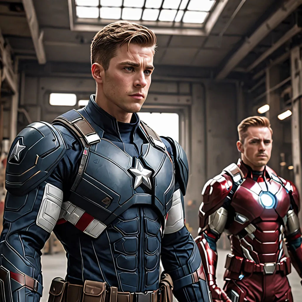 a group of avengers characters standing in a warehouse with one man in a captain america suit and the other man in a suit, antipodeans, a poster, Americo Makk, marvel comics