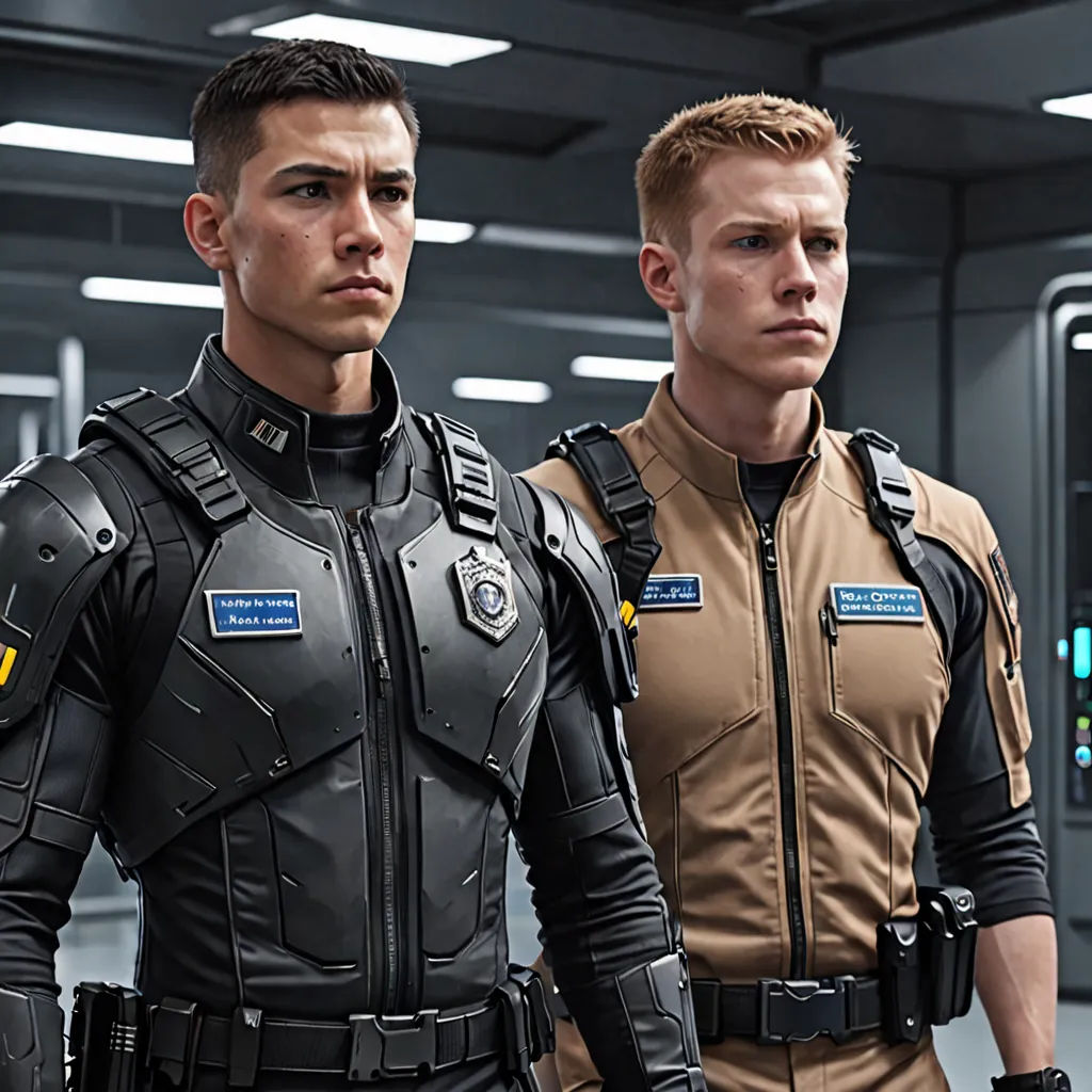 two men in futuristic suits standing in a room with a large window behind them and a large screen behind them, cobra, a poster, Eve Ryder, promotional image