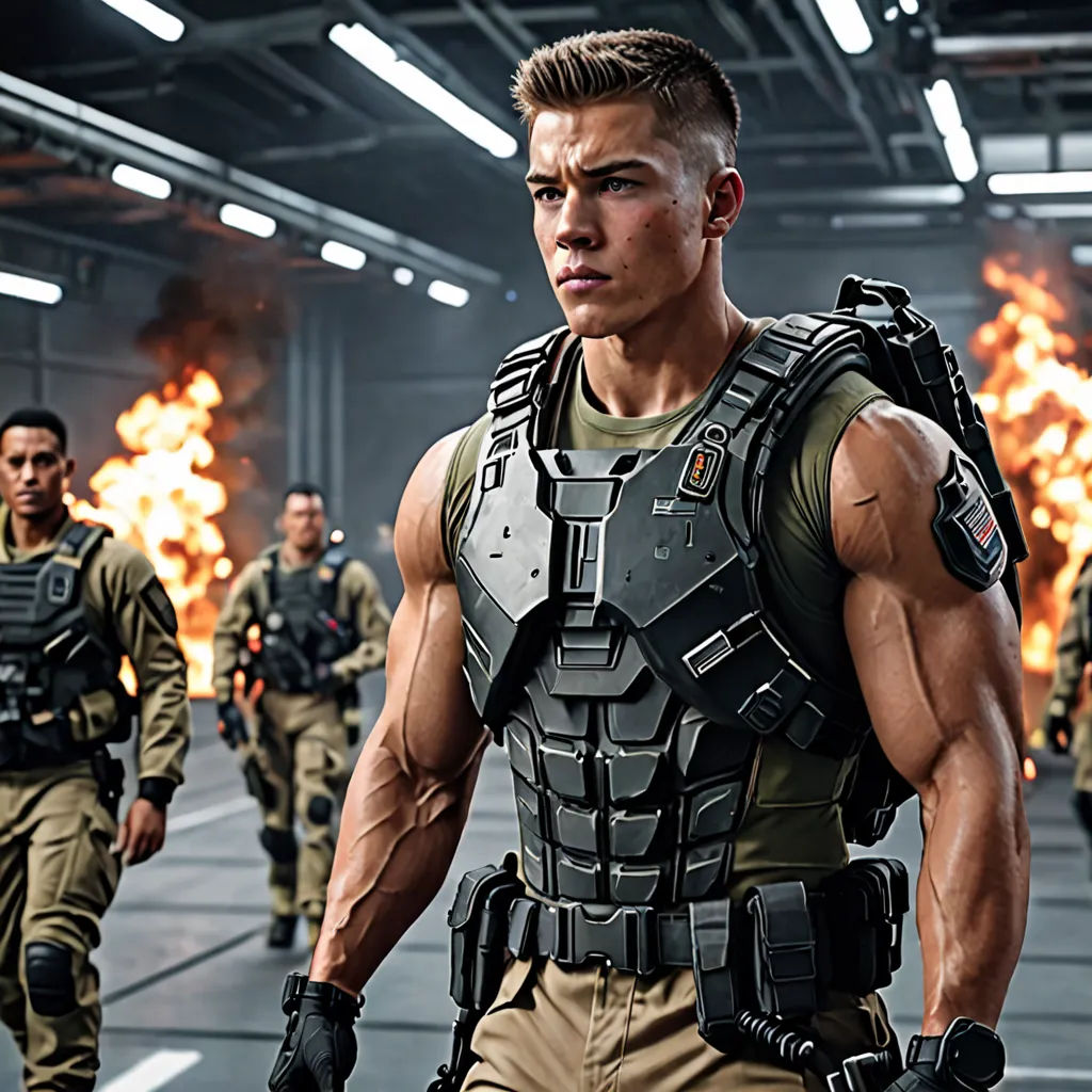 a man in a military uniform is walking through a group of soldiers in a warehouse with fire coming from the ceiling, cobra, concept art, Adam Rex, promotional image