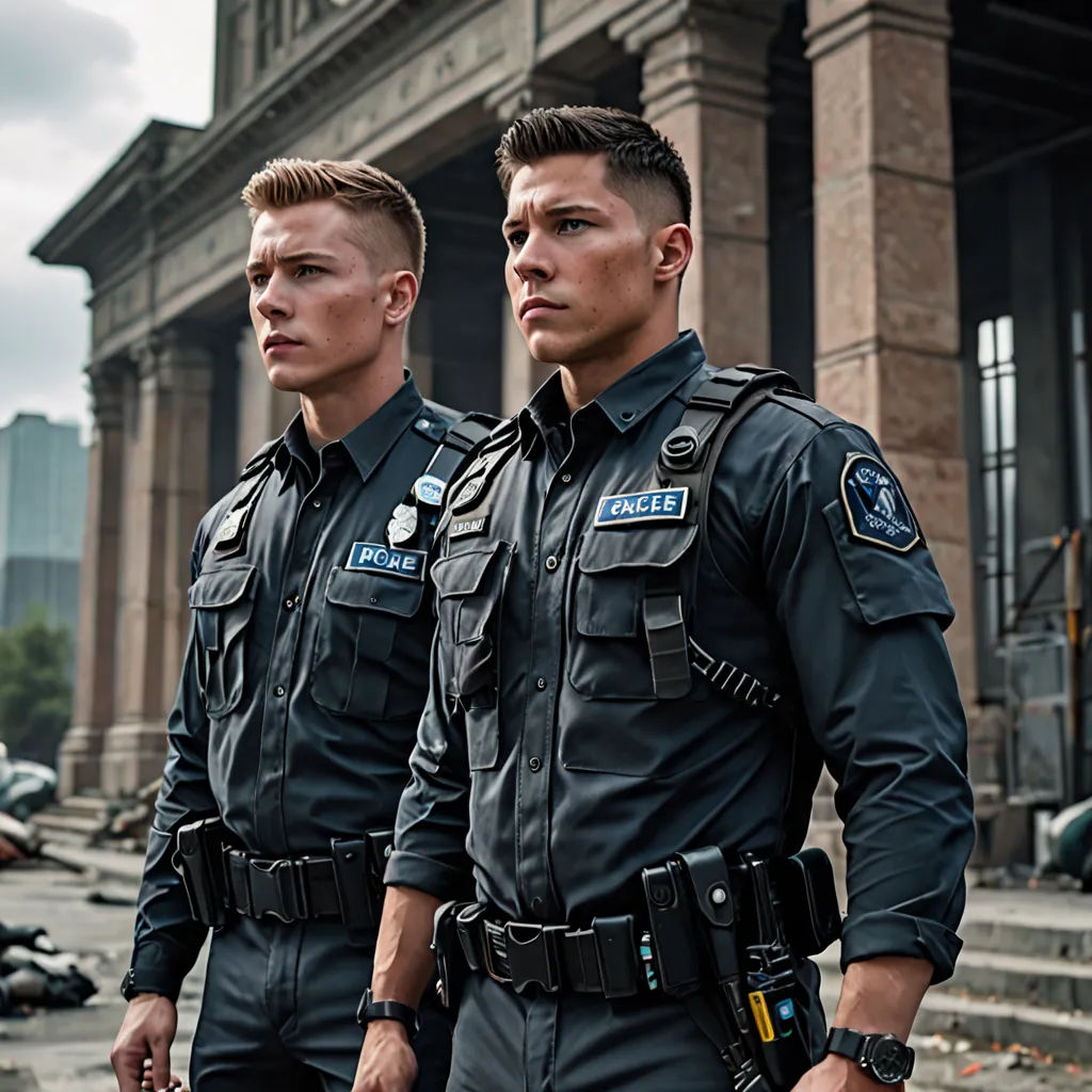 two police officers standing in front of a building with a clock on it's side and a motorcycle parked in front of it, arbeitsrat für kunst, a poster, Caspar Wolf, promotional image
