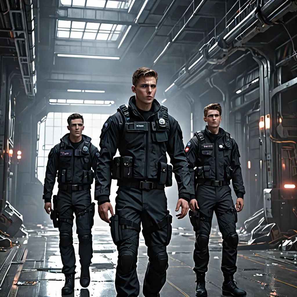 a group of men in military uniforms walking down a hallway in a factory building with a large window on the side, antipodeans, a poster, Edward Simmons, promotional image