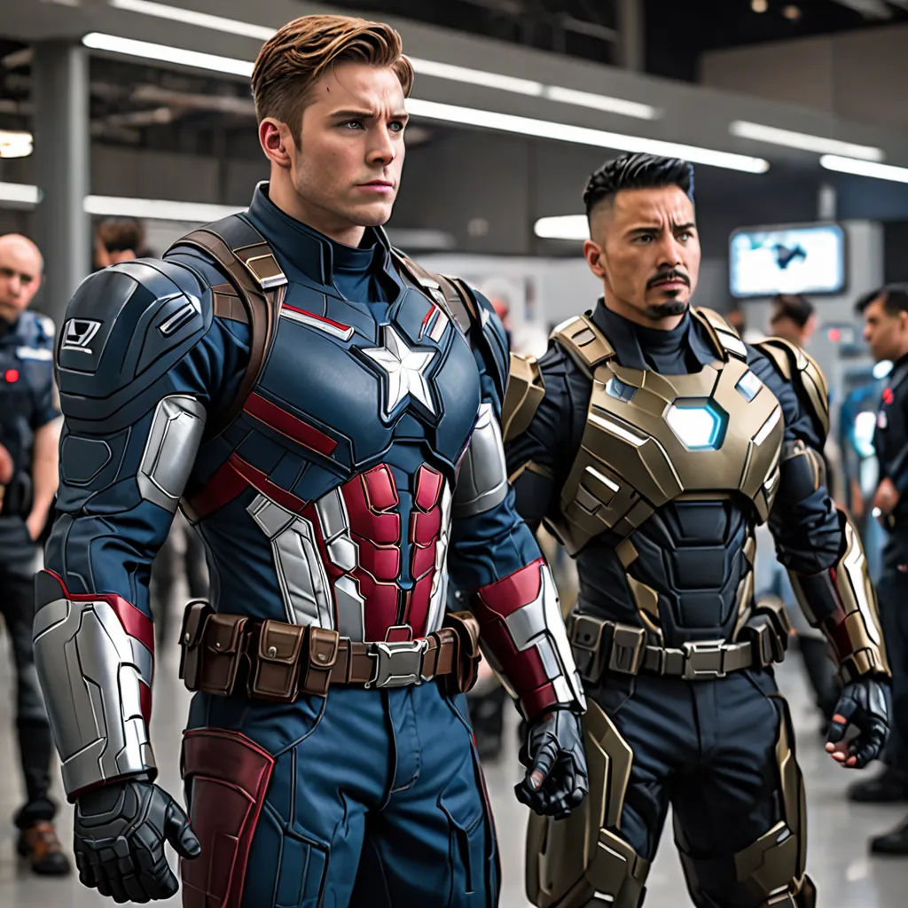 two men in captain america costumes standing in a line of people in a building with a television screen in the background, antipodeans, a comic book panel, Americo Makk, movie still