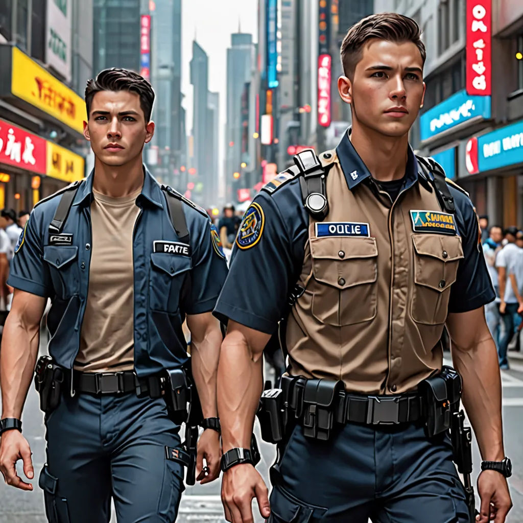two police officers walking down a busy city street in the daytime time, with people walking on the sidewalk, antipodeans, a hyperrealistic painting, Dom Qwek, tom of finland