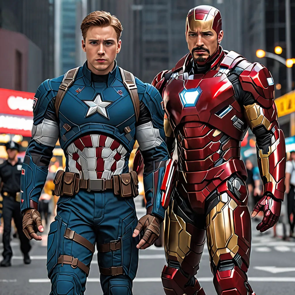 two men dressed as iron man and captain america on a city street in the daytime time with people walking around, antipodeans, a poster, Americo Makk, marvel comics