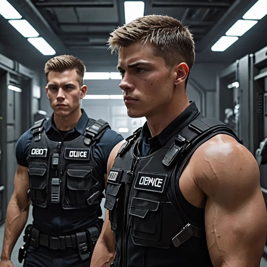 two men in police uniforms standing in a hallway with a machine gun in hand and a man in the background, cobra, a poster, Dom Qwek, muscular