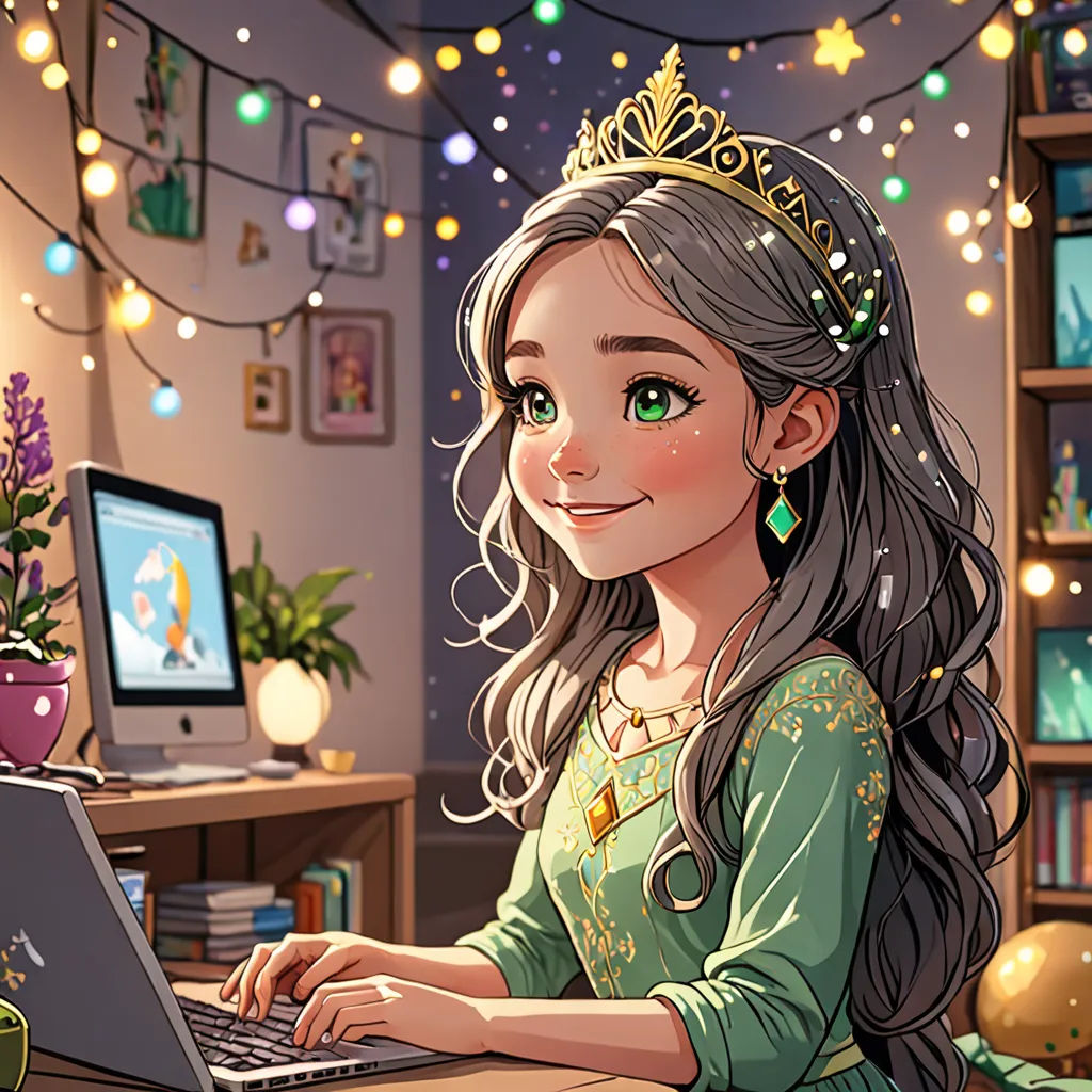 a girl in a tiara using a laptop computer in a room with a lot of lights and decorations, fantasy art, a storybook illustration, artist, trending on art station