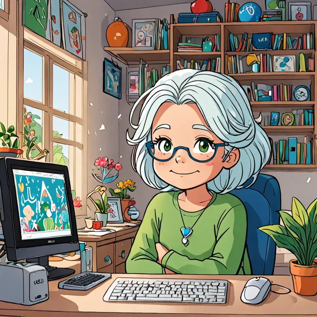 a cartoon of a woman sitting at a computer desk with a computer monitor and keyboard in front of her, net art, a character portrait, Cecile Walton, character portrait