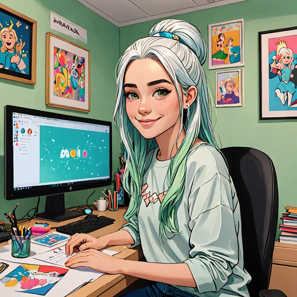 a cartoon girl sitting at a desk with a computer and a monitor on it, with a cartoon character on the wall behind her, computer art, a character portrait, Artgerm, josan gonzales and dan mumford