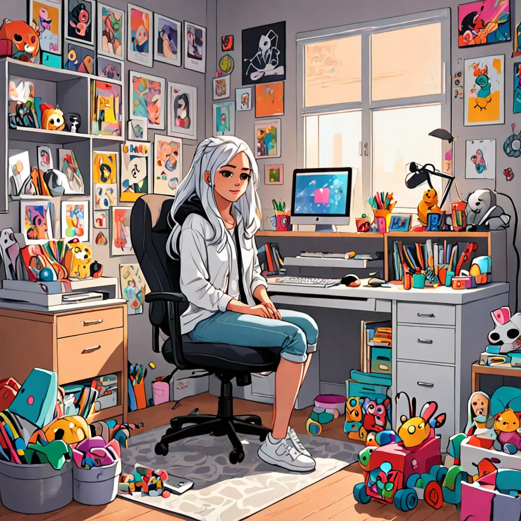 a woman sitting in a chair in a room filled with toys and a computer desk with a monitor and a keyboard, net art, a character portrait, artist, josan gonzales and dan mumford