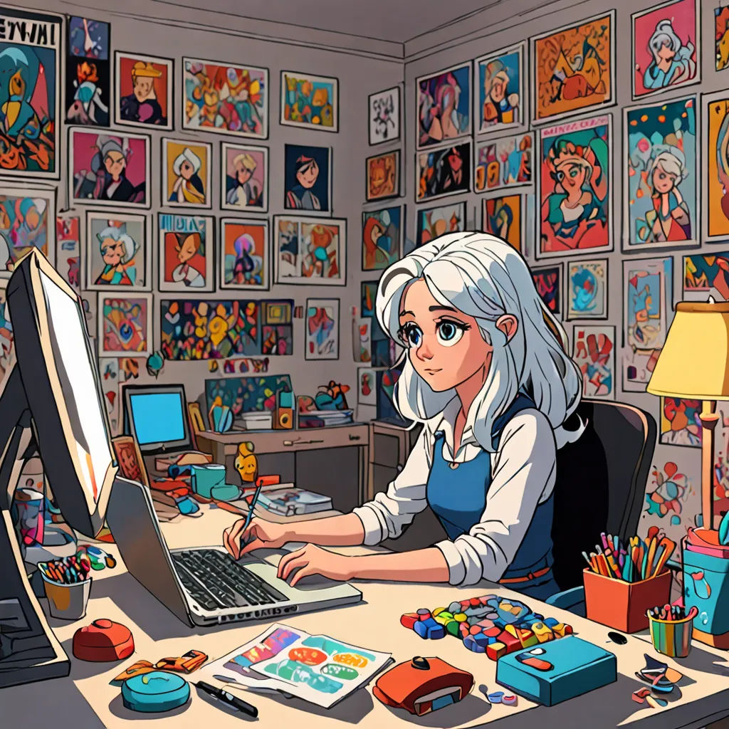 a woman sitting at a desk with a laptop computer in front of her and a bunch of pictures on the wall, computer art, computer graphics, artist, josan gonzales and dan mumford