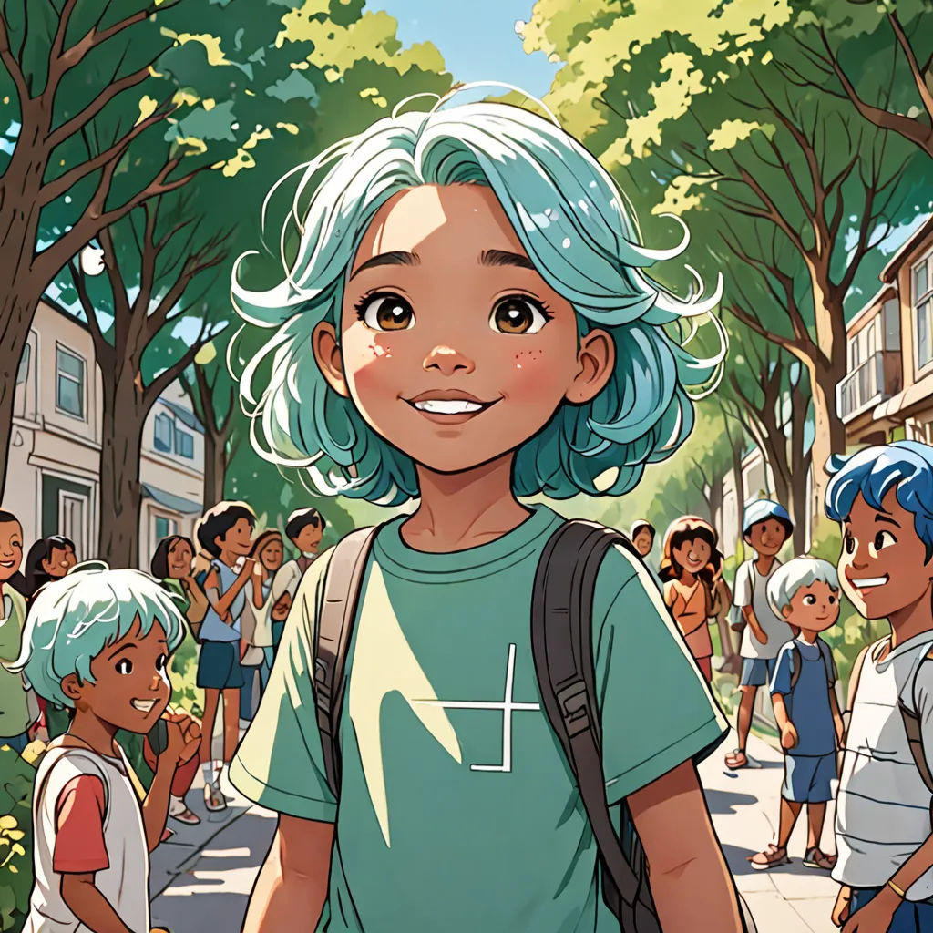 a cartoon of a boy with blue hair and a backpack on a city street with a crowd of people, paris school, a comic book panel, Asaf Hanuka, rossdraws global illumination