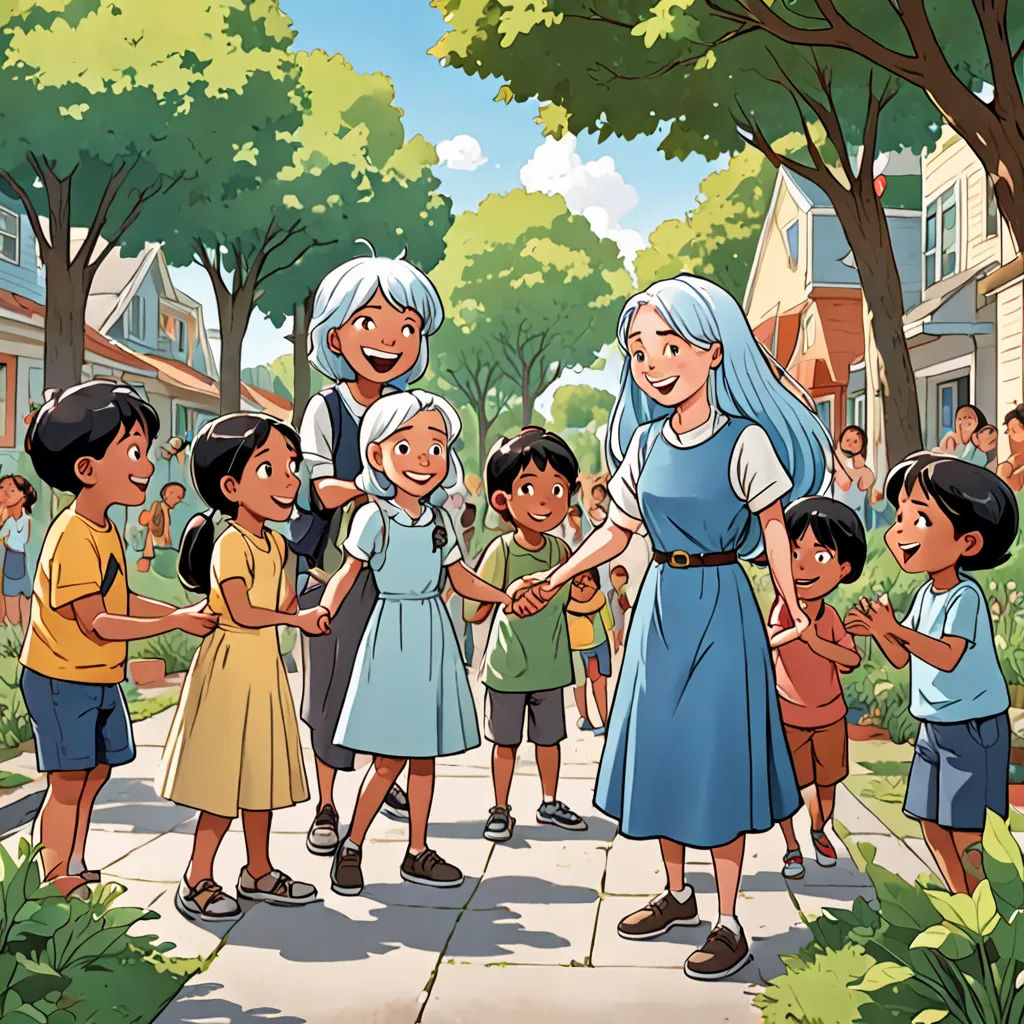 a cartoon of a woman and children shaking hands on a sidewalk in a neighborhood with houses and trees in the background, vancouver school, a storybook illustration, Don Bluth, official art
