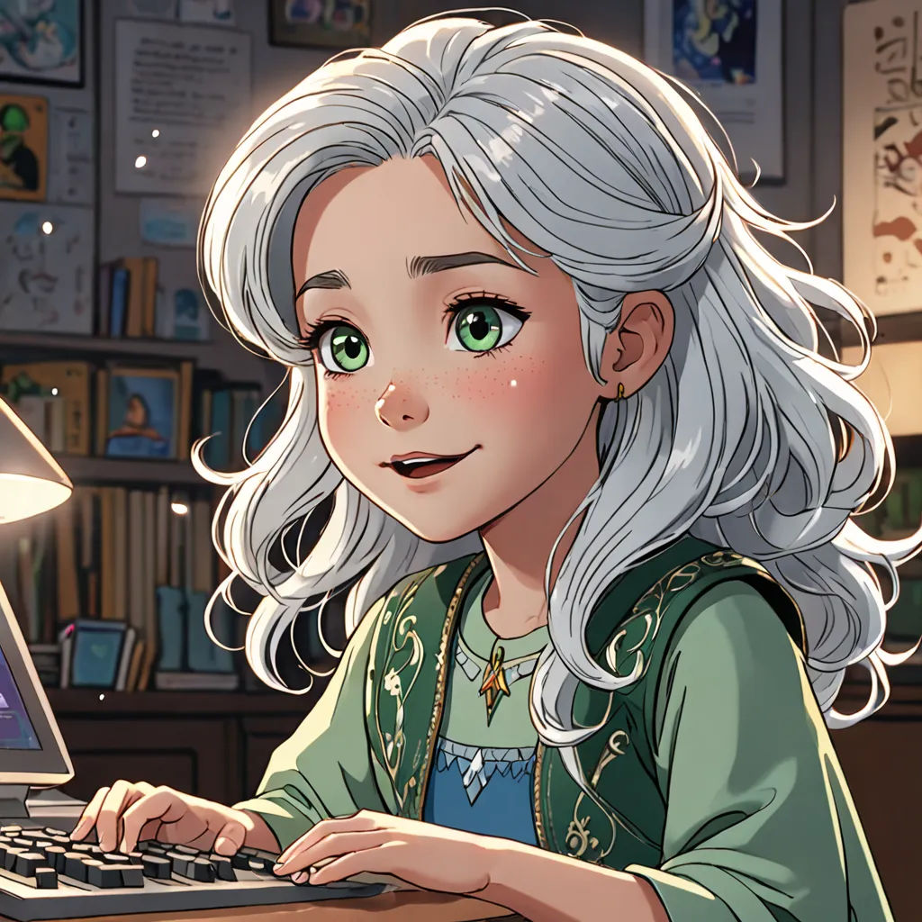 a cartoon of a woman using a laptop computer in a library with books on the shelves behind her and a lamp on the desk, remodernism, computer graphics, Anne Said, deviantart artstation