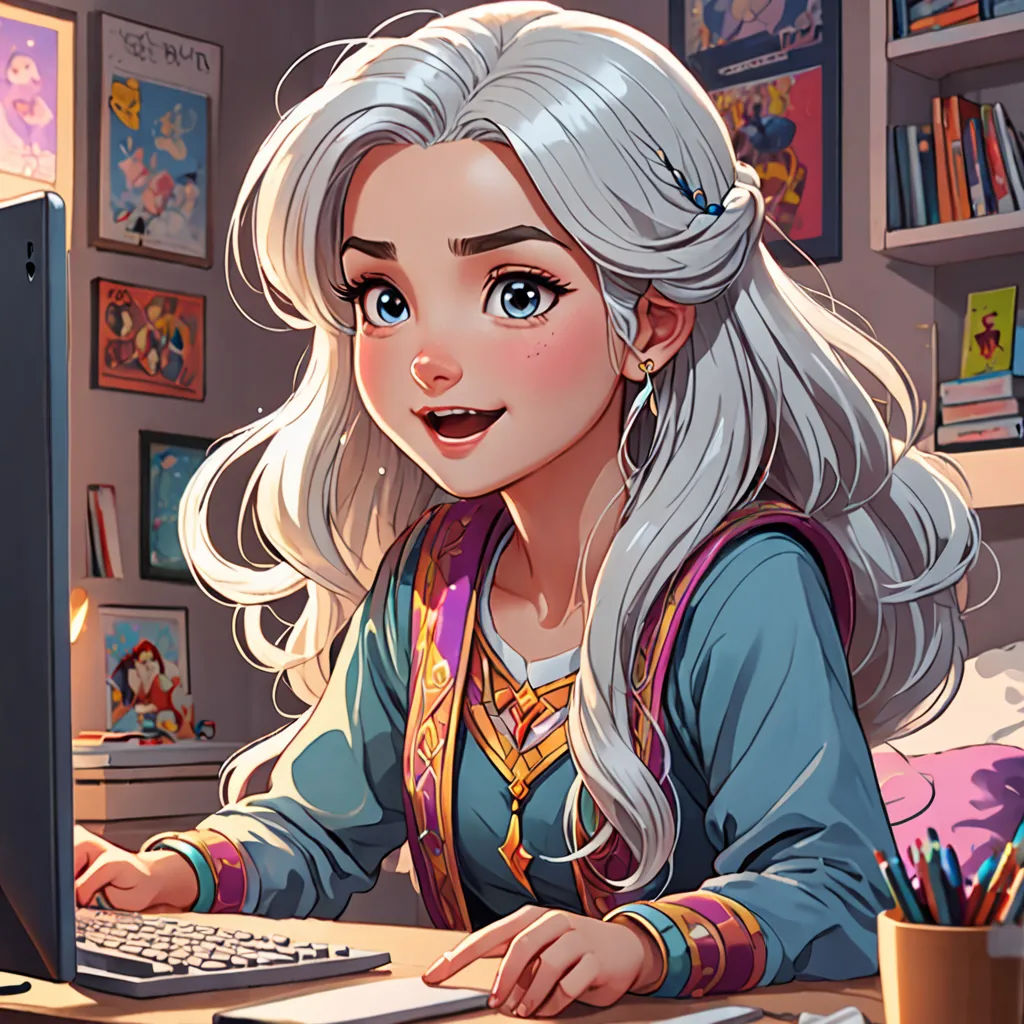 a woman sitting at a computer desk with a computer monitor and keyboard in front of her, with a bookcase in the background, computer art, computer graphics, Elina Karimova, deviantart artstation