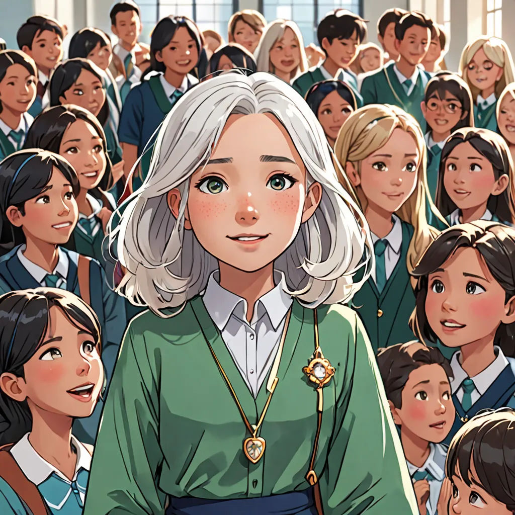 a woman standing in front of a group of people in a classroom with a green shirt on and a green tie, paris school, a comic book panel, Constance Gordon-Cumming, official art