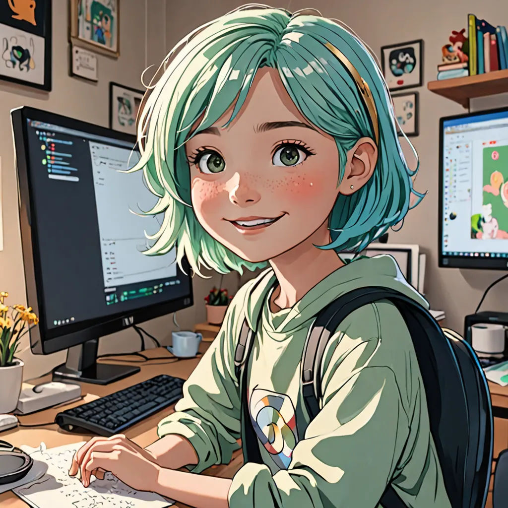 a cartoon of a girl with green hair sitting at a desk with a computer and a laptop computer on it, computer art, computer graphics, Artgerm, rossdraws global illumination