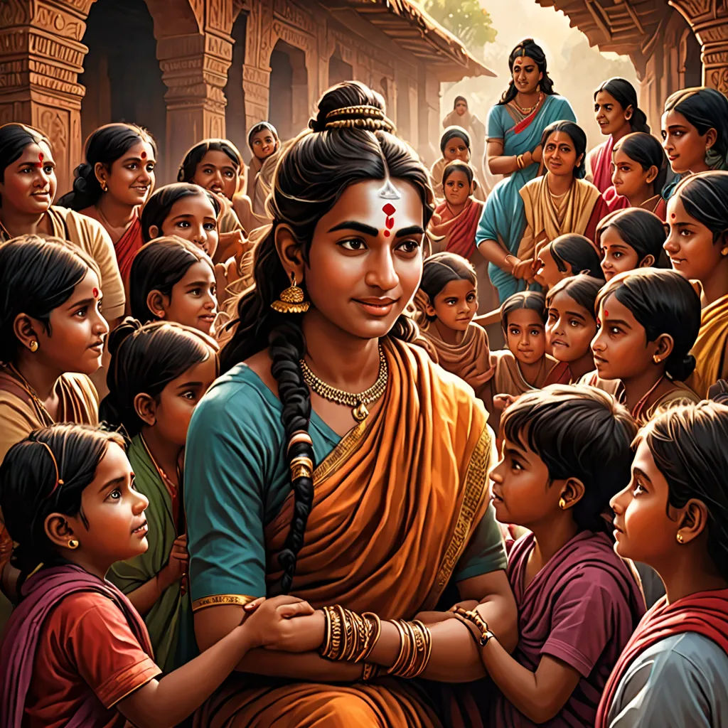 a painting of a woman surrounded by children in a village with a man in the background looking at her, samikshavad, a detailed painting, Ella Guru, promotional image